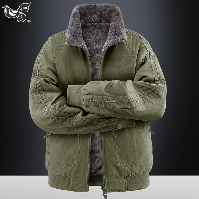 Winter Clothing Game - เสื้อพาร์กาผู้ชาย หนา อุ่น สามารถสวมใส่ได้สองด้าน เสื้อโค้ทบุด้วยผ้าฝ้าย แจ็คเก็ตขนแกะ