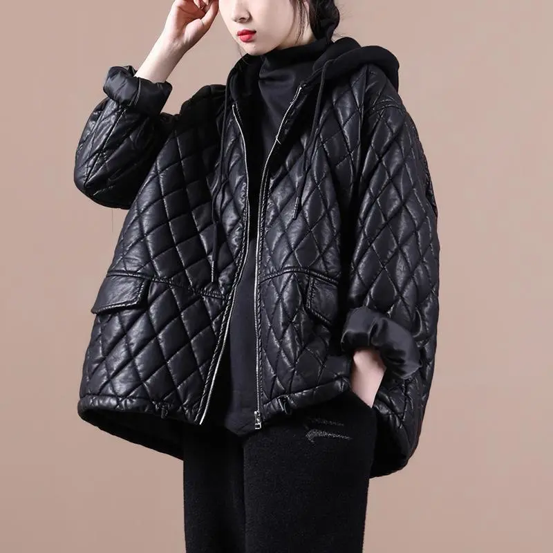 Winter Clothing Pinterest - เกาหลีหลวมผู้หญิงวรรณกรรมและศิลปะหนา Quilted PU หนังแจ็คเก็ตผู้หญิงฤดูใบไม้ผลิฤดูใบไม้ร่วง Hooded JACKET