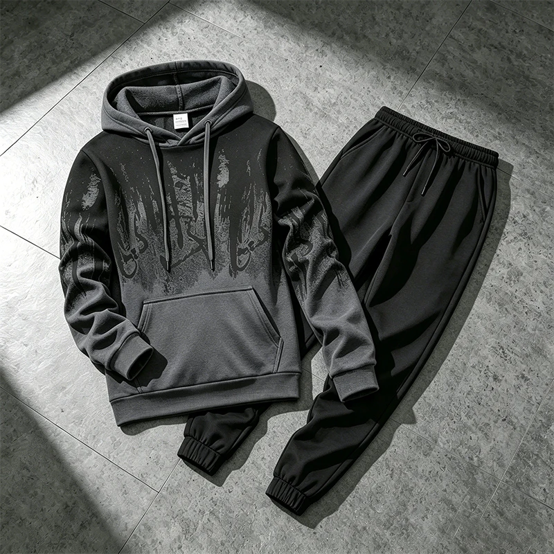Winter Clothing Hoodie - ชุดฮู้ดดี้ผู้ชายสำหรับฤดูใบไม้ร่วงและฤดูหนาว เสื้อสเวตเชิ้ตลายหมึกสำหรับกิจกรรมกลางแจ้ง กีฬา วิ่งจ๊อกกิ้ง เสื้อผ้าสตรีทแฟชั่น เสื้อและกางเกงแยกชิ้น