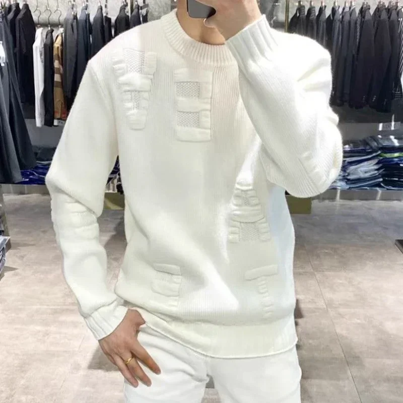 Winter Clothing Korean - เสื้อผ้าผู้ชายเสื้อสเวตเตอร์ถักสีเขียวเสื้อสวมหัวสีทึบตัวหนังสือสำหรับผู้ชายเสื้อ MODE Korea แบบคลาสสิกใส่เกินความร้อน