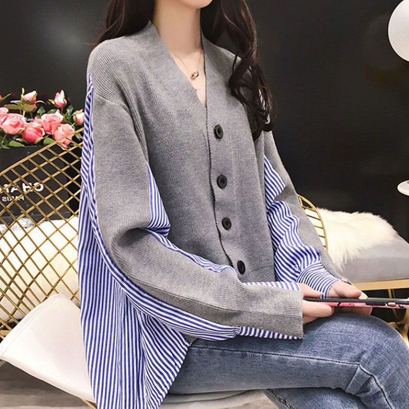 Winter Clothing Korean - เสื้อแต่งระบายถักคอวีแนวเกาหลีสำหรับผู้หญิงเสื้อผ้าเสื้อครอปลายแถบกระดุมแถวเดียวทรงหลวมแฟชั่นฤดูใบไม้ร่วงฤดูหนาว