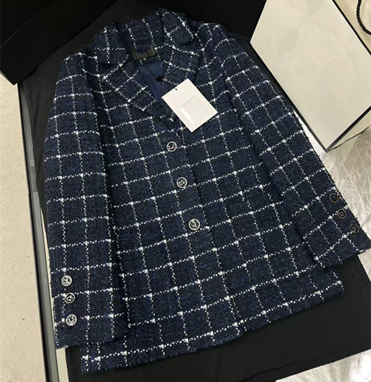 Clothing Style Winter - ชุดเสื้อโค้ททวีดแขนยาวสีน้ำเงินกรมท่าลายตารางติดกระดุมเม็ดเดียวแบบสั้น คอลเลคชั่นใหม่สำหรับฤดูร้อน ปรับแต่งได้ตามสไตล์ผู้หญิงยุโรป