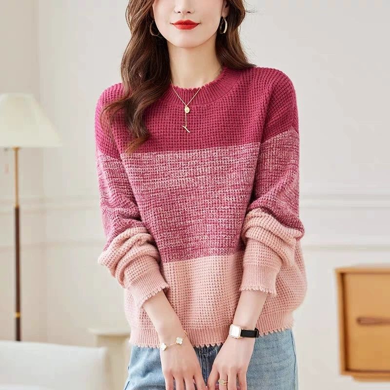 Winter Clothing Korean - เสื้อสวมหัวคอกลมแขนยาวสีแบบบล็อกสีสำหรับผู้หญิง Baju atasan rajut เกาหลีเข้าได้กับทุกชุดฤดูหนาวฤดูใบไม้ร่วง