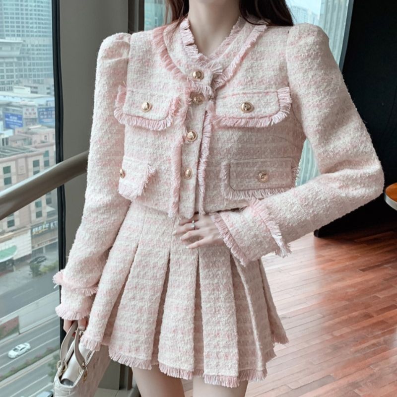 Winter Clothing Korean - แจ็กเก็ตเสื้อโค้ทและกระโปรงของผู้หญิงชุดสองชิ้นลายสก๊อตแจ็คการ์ดทวีดสีชมพูสีชมพูมีพู่ Y2K ที่สง่างาม