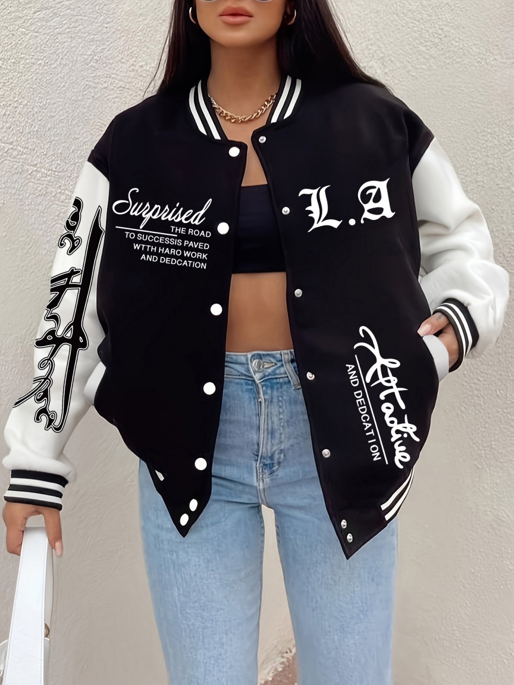 Winter Clothing Pinterest - Surprise Road Los Angeles พิมพ์เสื้อสตรีสบายหลวมเบสบอลขนแกะ WARM