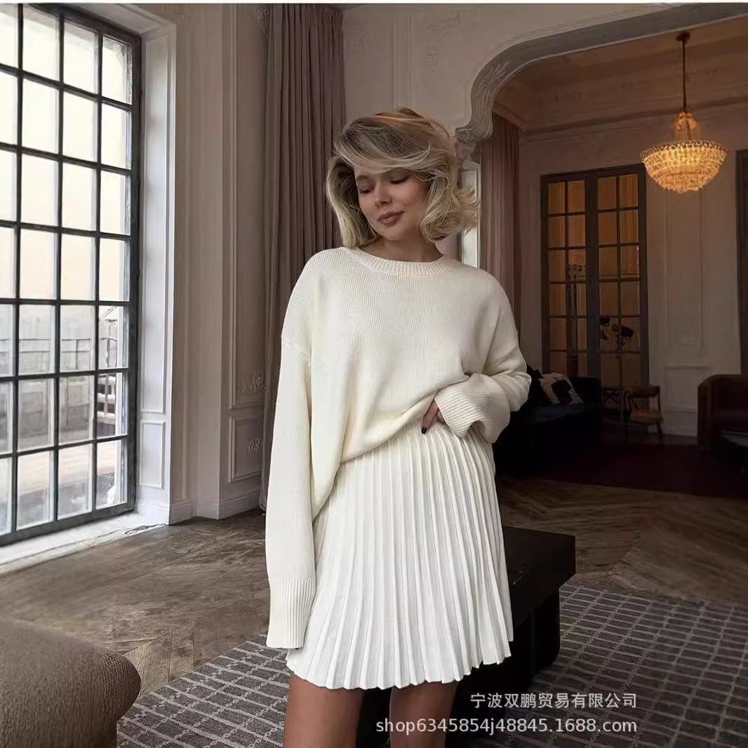 Clothing Style Winter - ฤดูใบไม้ร่วงสีทึบO-คอเสื้อกันหนาวชุดเสื้อผ้าสตรี2024ใหม่แขนยาวFishionสไตล์หลวมถักชุดกระโปรงสั้น