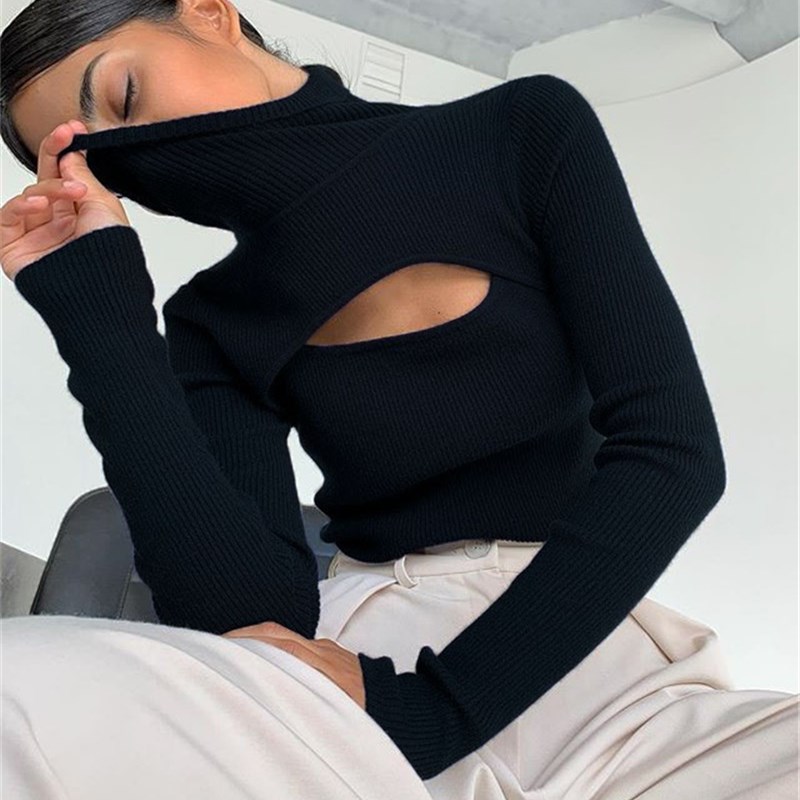 Winter Clothing Korean - Ribbed ถักคอเต่าผู้หญิง Hollow Out Casual แขนยาวผอมฤดูใบไม้ร่วงฤดูหนาว