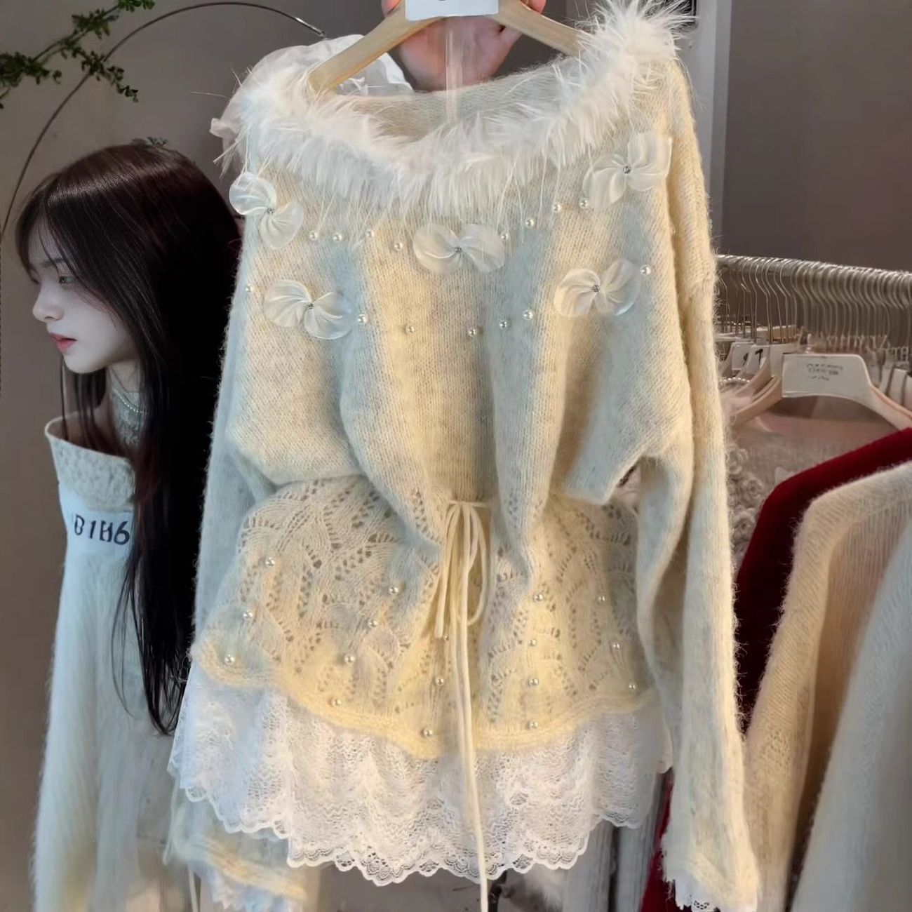 Winter Clothing Aesthetic - เสื้อสเวตเตอร์ Y2k เสื้อผ้าฤดูหนาว สไตล์ฮาราจูกุ หลวมๆ แต่งลูกไม้