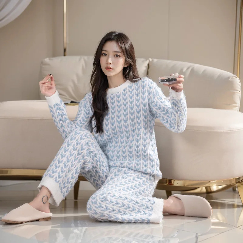 Winter Clothing Youtube - ชุดนอนผ้าฝ้ายแขนยาวคอปกสีน้ำเงินลายรวงข้าว พร้อมกางเกงขายาว เสื้อผ้าสำหรับใส่บ้านในฤดูใบไม้ร่วงและฤดูหนาว ชุดนอนสำหรับผู้หญิง