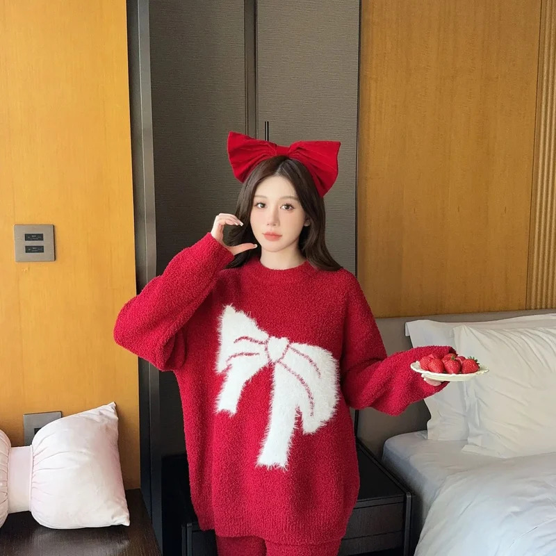 Winter Clothing Youtube - ชุดนอนคริสต์มาสลายการ์ตูนโบว์ผูก แขนยาว กางเกงขายาว ผ้าฟลีซ อุ่นสบายสำหรับฤดูใบไม้ร่วงและฤดูหนาว ชุดนอนสำหรับผู้หญิง