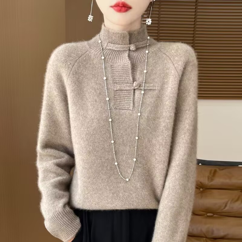 Winter Under Clothing - เสื้อสเวตเตอร์คอตั้งสำหรับคุณแม่ ฤดูใบไม้ร่วงและฤดูหนาว เสื้อผ้าผู้หญิงสไตล์จีน ถักไหมพรมหนา สีชมพู สีแดง