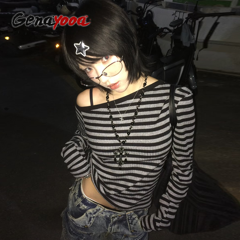 Winter Clothing Aesthetic - Genayooa ญี่ปุ่น Y2k เสื้อยืดผู้หญิงแขนยาวลาย Crop Tops