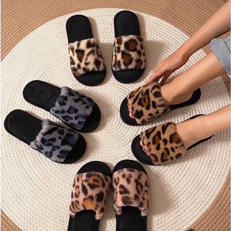 Winter Clothing Material - รองเท้าแตะขนเฟอร์ลายเสือดาวสำหรับฤดูหนาวปี 2025 นุ่ม อุ่น น้ำหนักเบา ส้นแบน