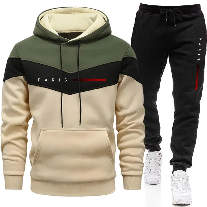 Winter Clothing Hoodie - ชุดฮู้ดดี้แฟชั่นผู้ชายสไตล์ปารีส เสื้อฮู้ดและกางเกงจ็อกเกอร์ลำลองสำหรับใส่ในชีวิตประจำวัน ชุดวอร์มเทรนด์เมืองสำหรับผู้ชาย