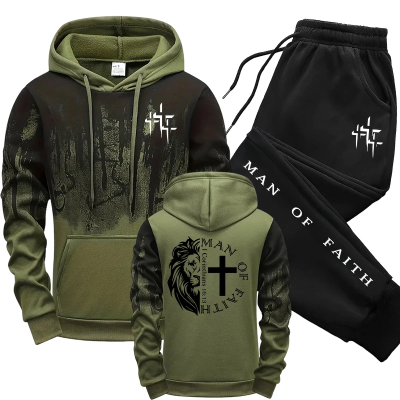 Winter Clothing Stores - ชุดเซ็ตผู้ชายลาย Man of Faith เสื้อฮู้ดและกางเกงวอร์มสีดำ สำหรับฤดูใบไม้ร่วงและฤดูหนาว