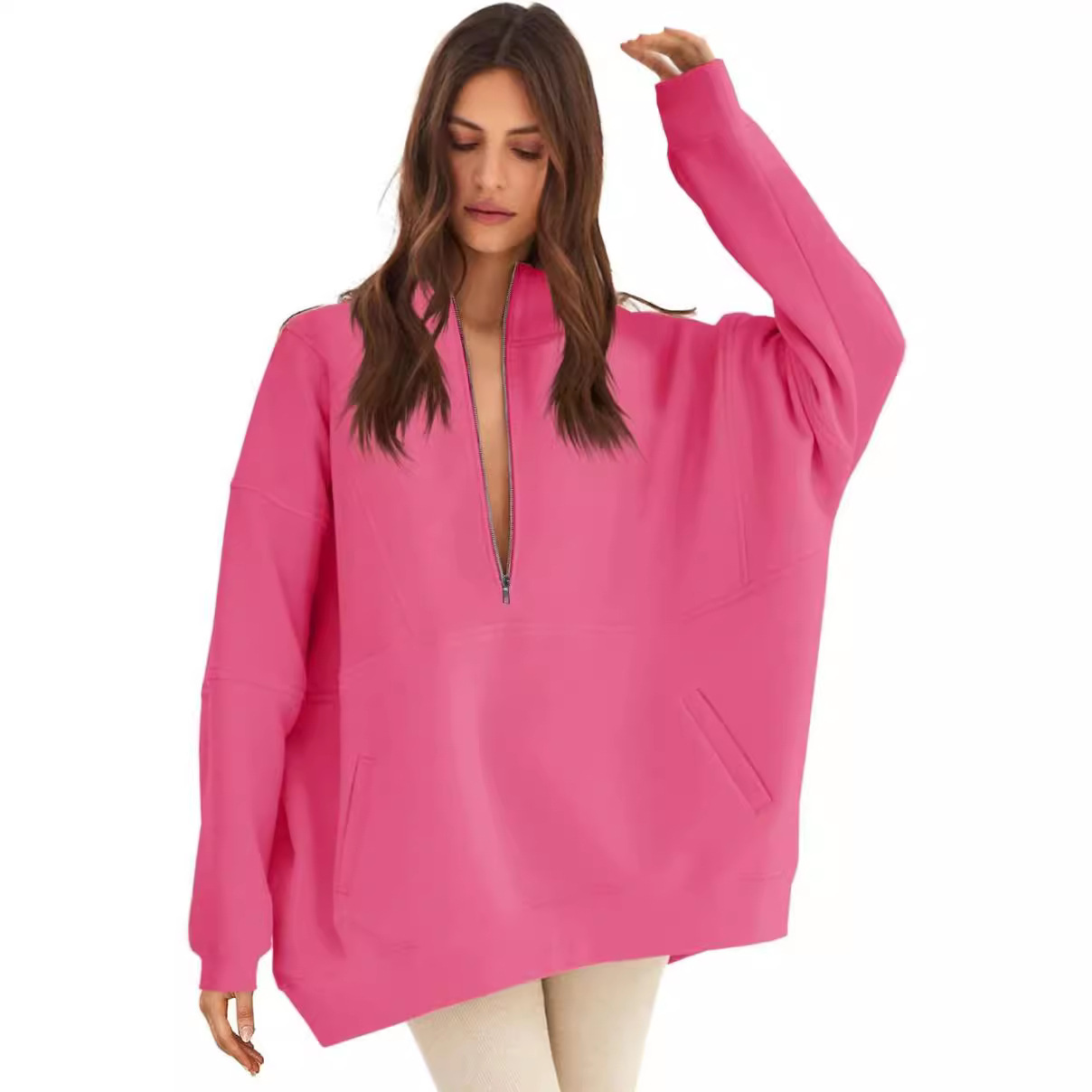 Winter Under Clothing - เสื้อสเวตเตอร์คอตั้งแบบสวมใส่สบายสำหรับผู้หญิงช่วงฤดูใบไม้ร่วงและฤดูหนาว มีกระเป๋า ซิปครึ่งตัว ตัดต่อผ้าแบบลำลอง