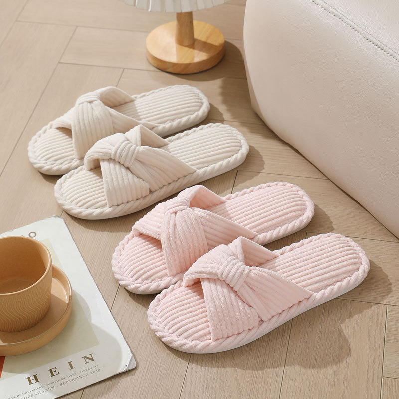 Winter Clothing Material - Corduroy สายคล้องคอรองเท้าแตะสําหรับสตรีเปิดนิ้วเท้าผ้าฝ้ายลื่นรองเท้าในร่มผู้หญิงน้ําหนักเบา Comfort ห้องนอนรองเท้าแตะ