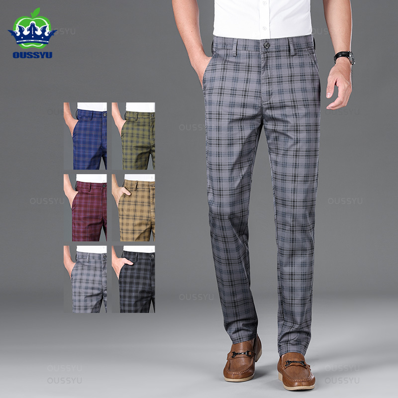 Quality Winter Clothing Brand - Oussyu กางเกงขายาวกางเกงขายาวลายสก็อตผู้ชาย, ผ้าฝ้ายลำลองธุรกิจคลาสสิกกางเกงขายาวเป็นทางการยาว30-38