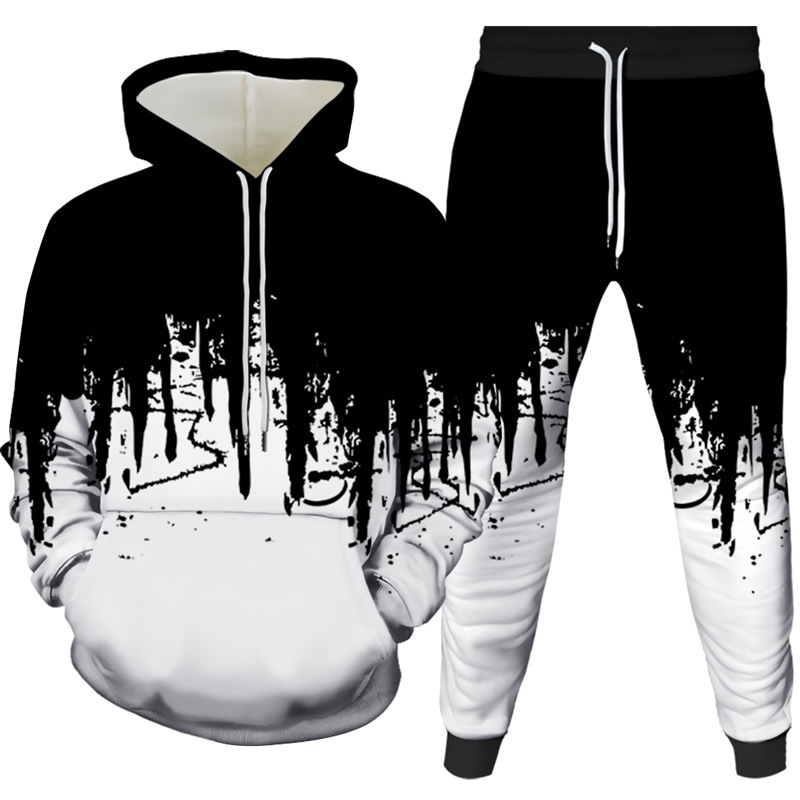 Winter Clothing Hoodie - ชุดเซ็ตเสื้อฮู้ดดี้และกางเกงขายาวพิมพ์ลายภาพวาดสีน้ำแบบ 3 มิติ แฟชั่นลำลองสำหรับผู้ชาย เสื้อสเวตเชิ้ต กางเกงสเวตแพนท์