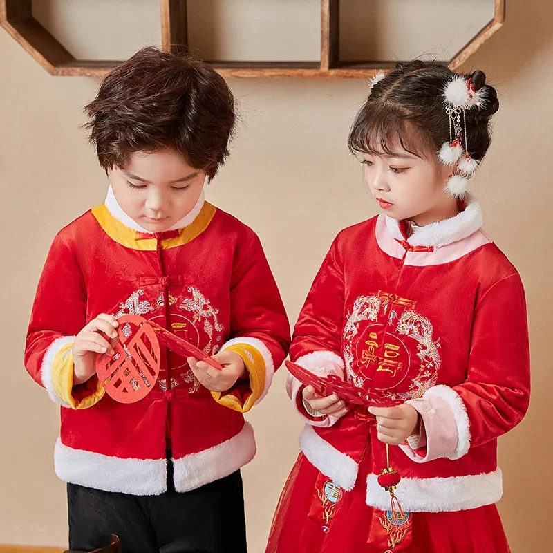 Winter Clothing Youtube - เสื้อผ้าพื้นเมืองสำหรับเด็กชายหญิงชุดถังฮันฟูจีนปีใหม่ชุดกำมะหยี่ฤดูหนาว 2 ชิ้นสีชมพูสีแดง