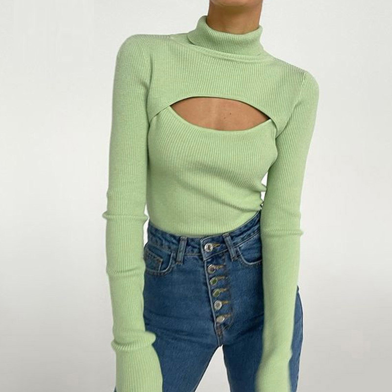 Ribbed ถักคอเต่าผู้หญิง Hollow - Winter Clothing Korean บทวิจารณ์และราคา
