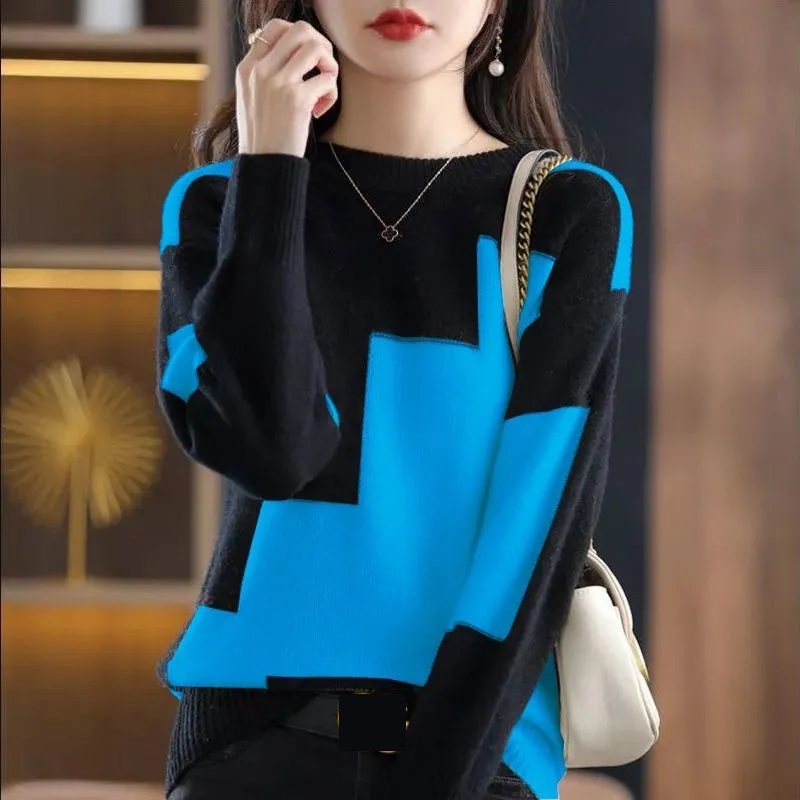 แฟชั่นO-คอSplicedถักเสื้อกันหน - Winter Clothing Korean บทวิจารณ์และราคา