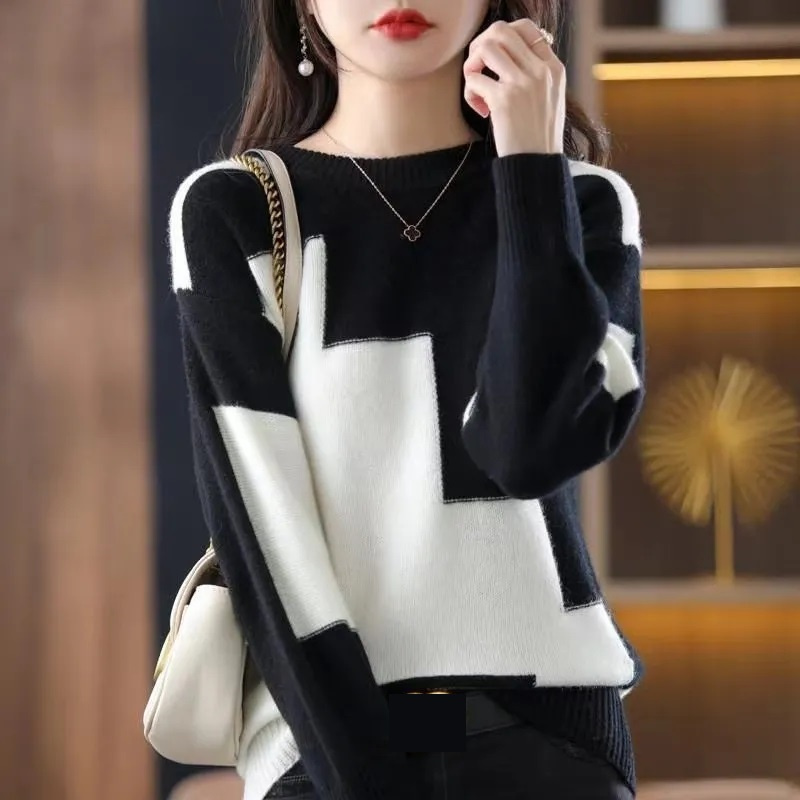 แฟชั่นO-คอSplicedถักเสื้อกันหน - Winter Clothing Korean บทวิจารณ์และราคา